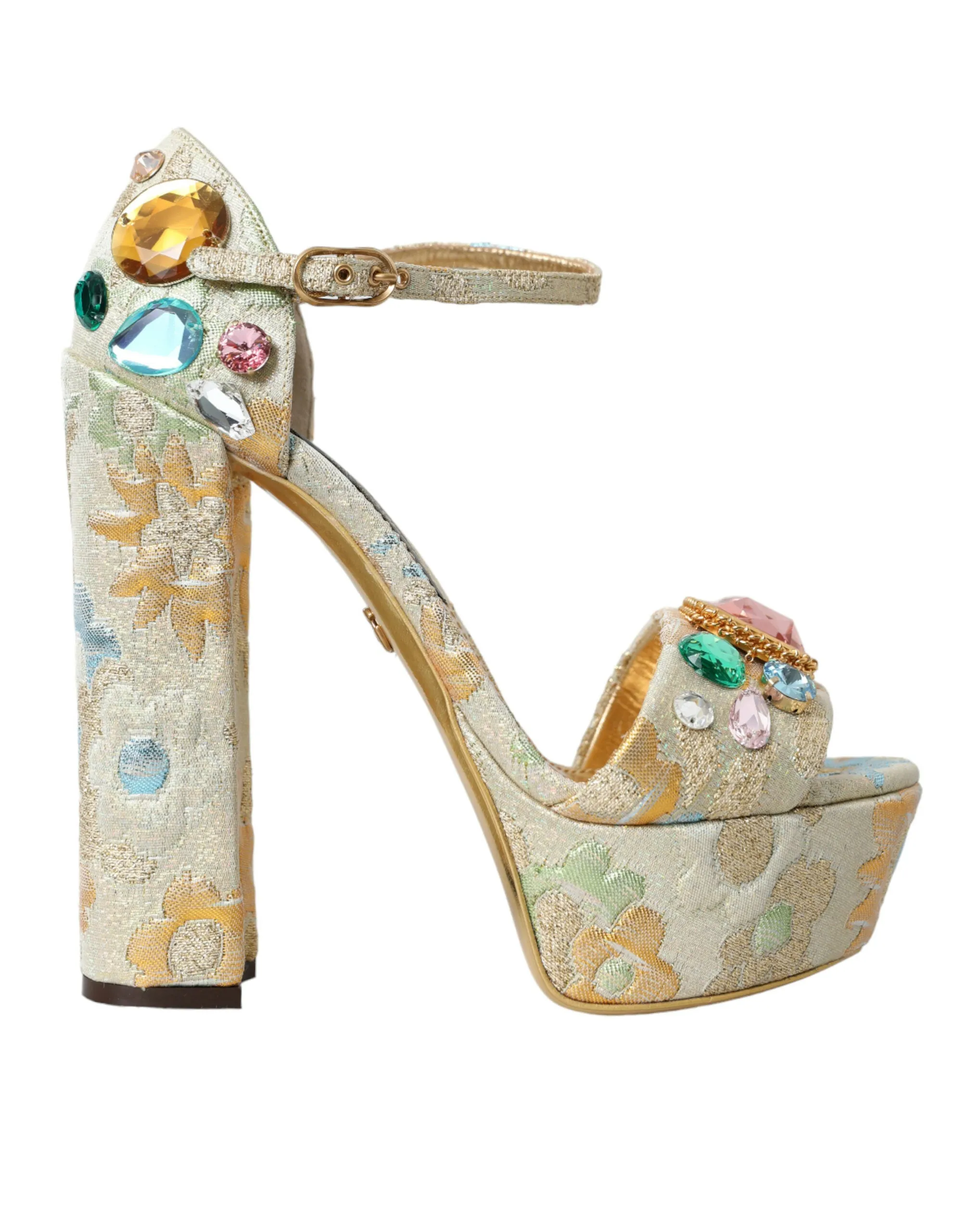 Gold Floral Jacquard Crystal Sandals Shoes sold by Louxly