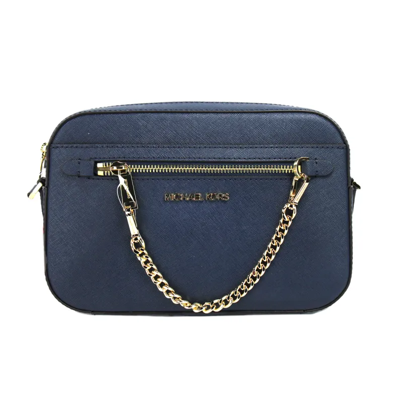 Jet Set Large East West Navy Leather Zip Chain Crossbody Bag Purse sold by Louxly