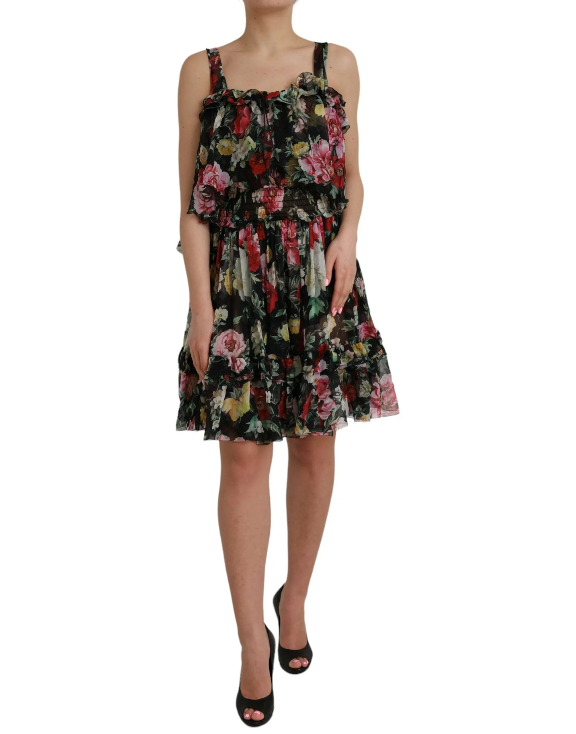 Black Floral Silk A-line Sleeveless Dress sold by Louxly product image thumbnail 2