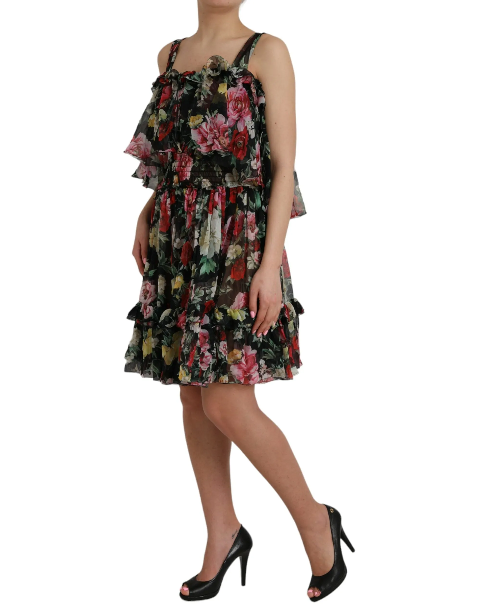 Black Floral Silk A-line Sleeveless Dress sold by Louxly product image thumbnail 3