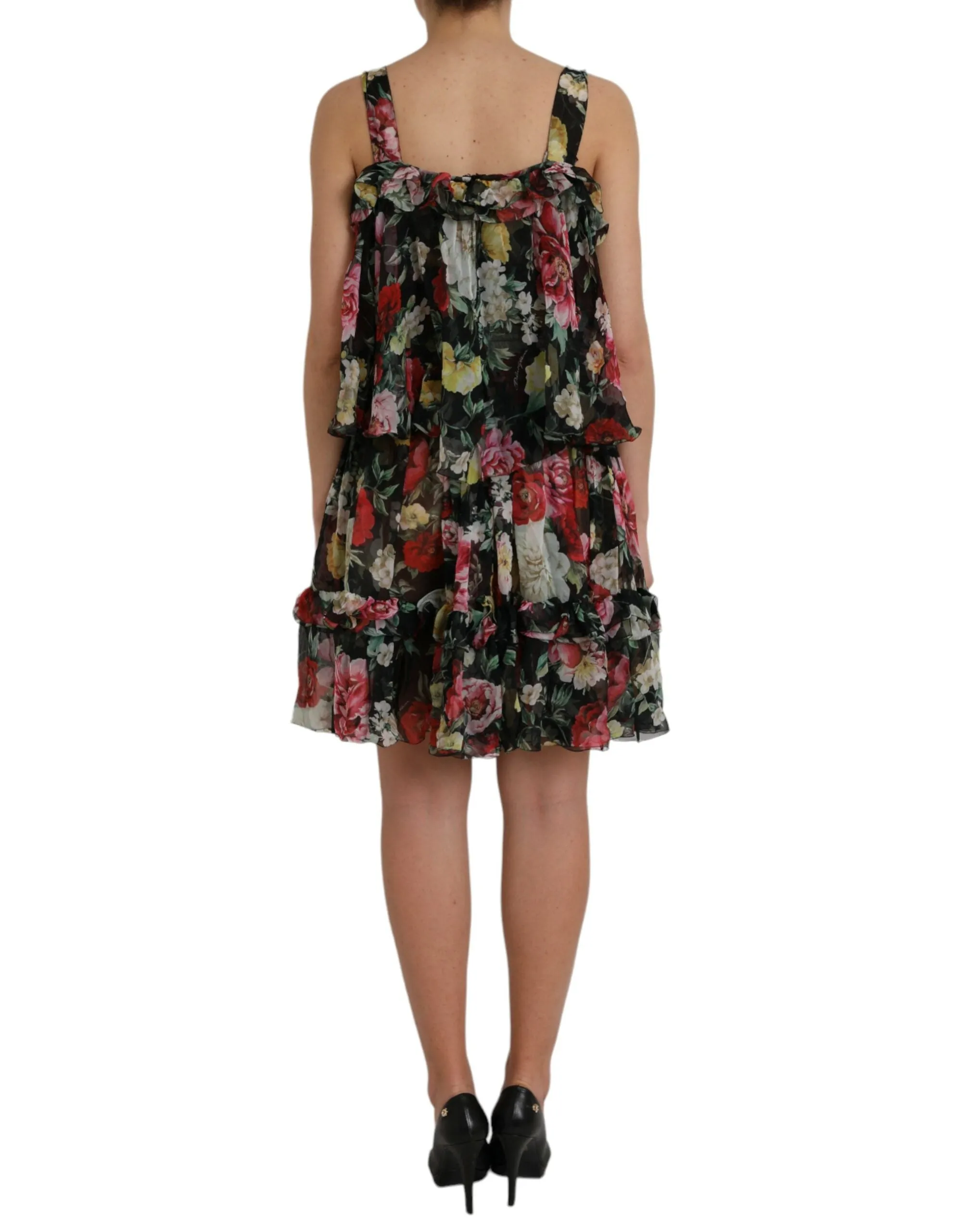Black Floral Silk A-line Sleeveless Dress sold by Louxly product image thumbnail 4