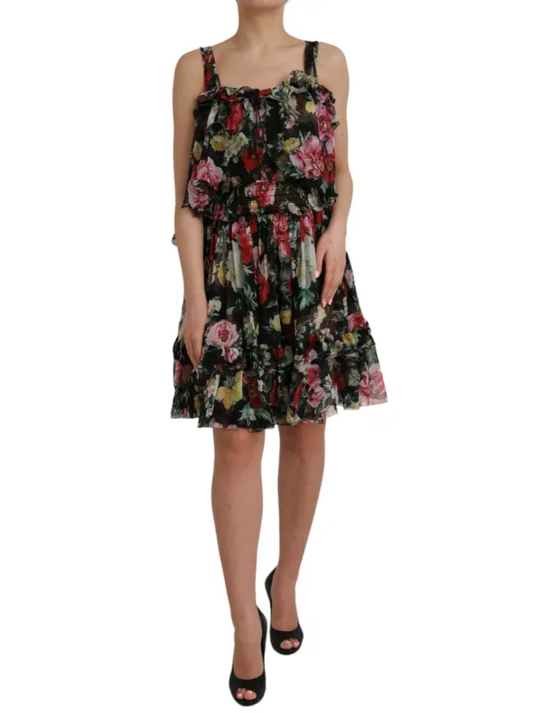 Black Floral Silk A-line Sleeveless Dress sold by Louxly