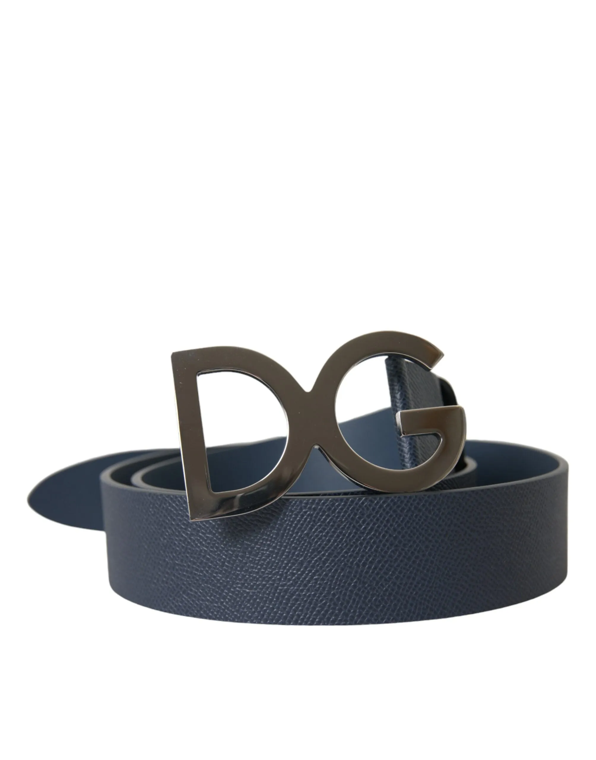 Blue Leather Silver Logo Metal Buckle Belt sold by Louxly