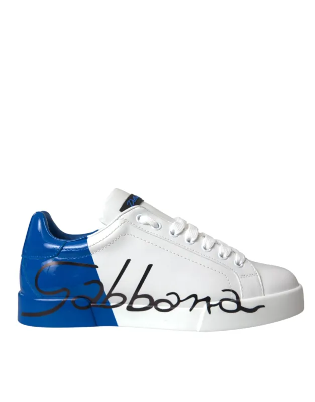 White Blue Leather Logo Low Top Sneakers Shoes sold by Louxly