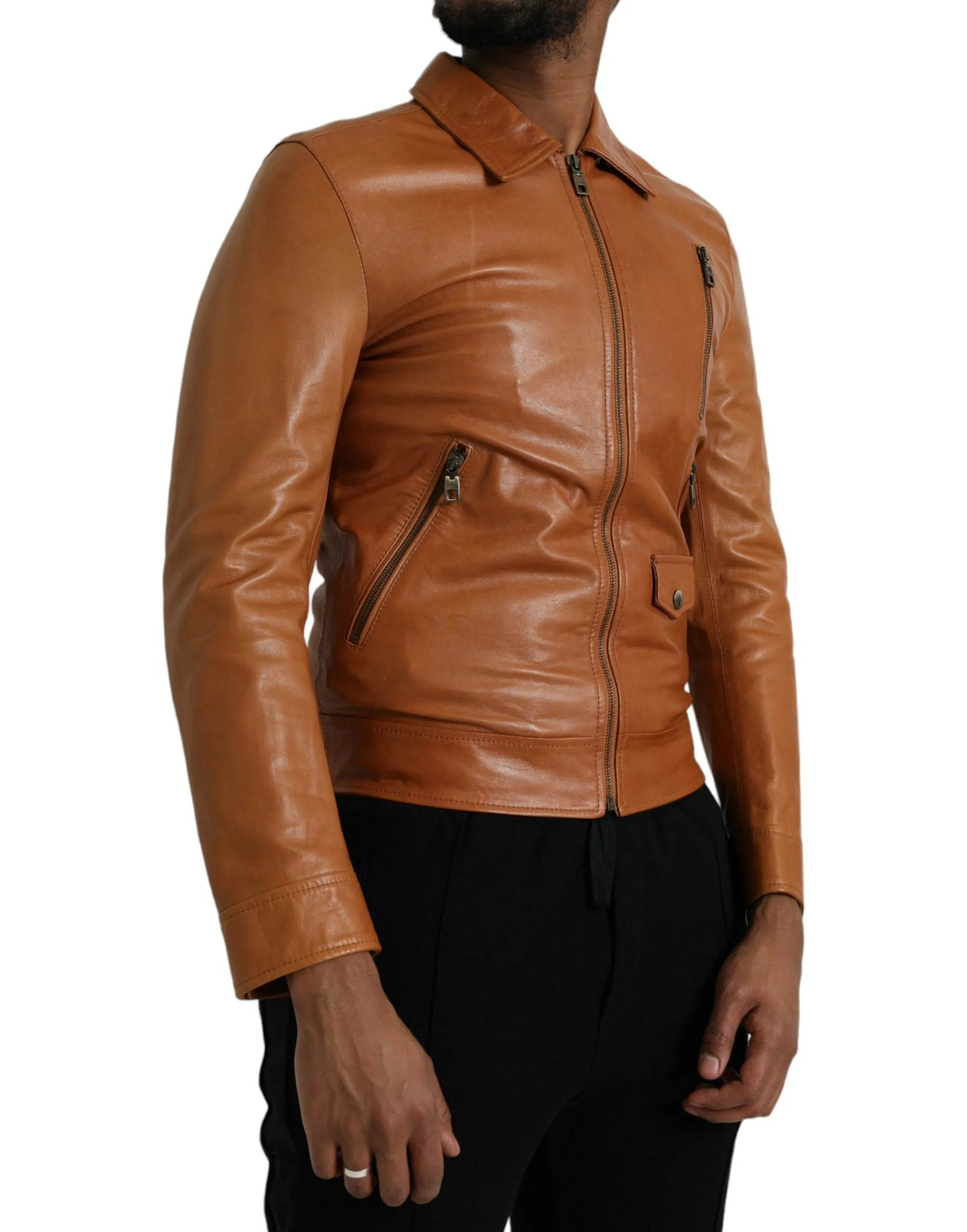 Brown Lamb Leather Full Zip Blouson Jacket sold by Louxly product image thumbnail 2