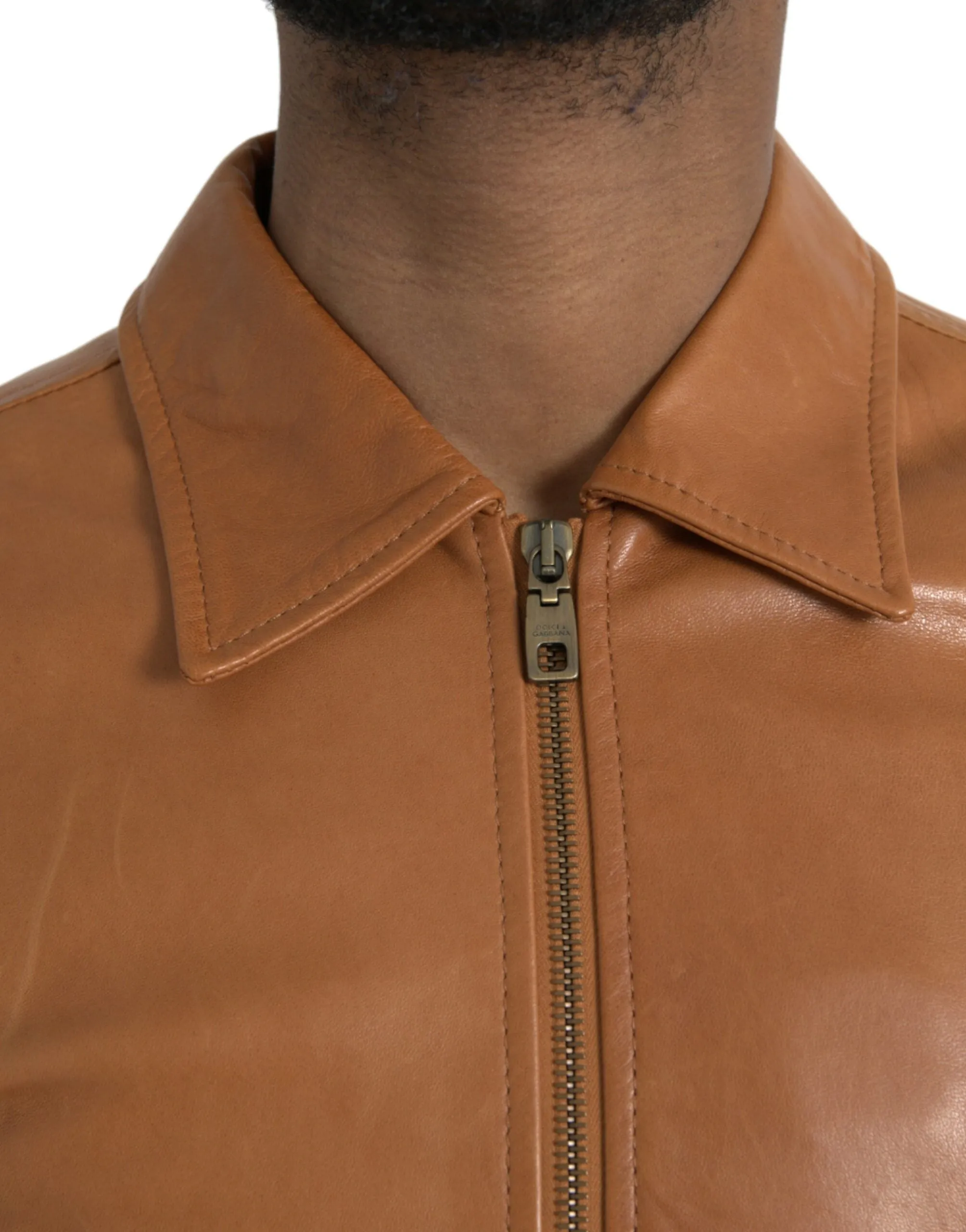 Brown Lamb Leather Full Zip Blouson Jacket sold by Louxly product image thumbnail 4