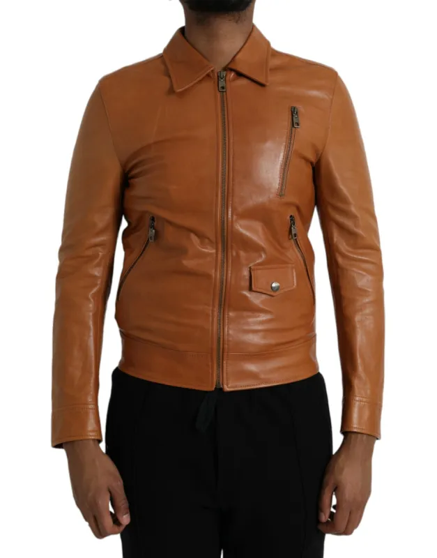 Brown Lamb Leather Full Zip Blouson Jacket sold by Louxly