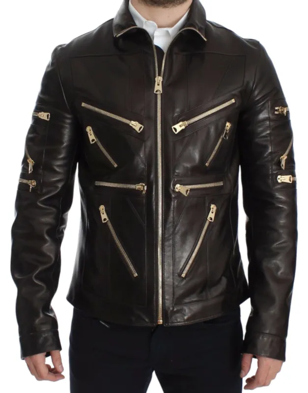 Elegant Brown Gold-Detailed Leather Jacket sold by Louxly