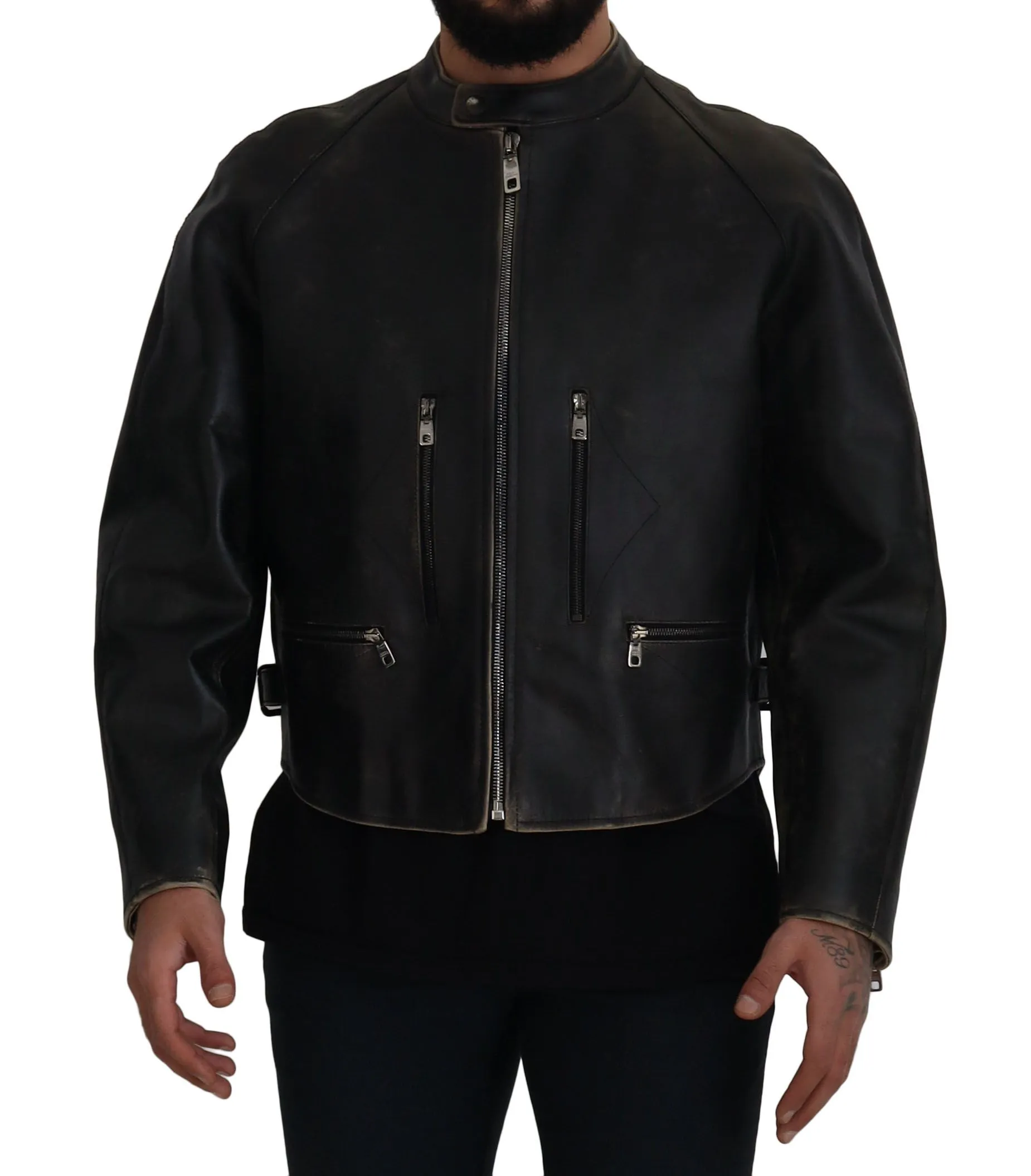 Elegant Black Leather Jacket with Silver Details sold by Louxly