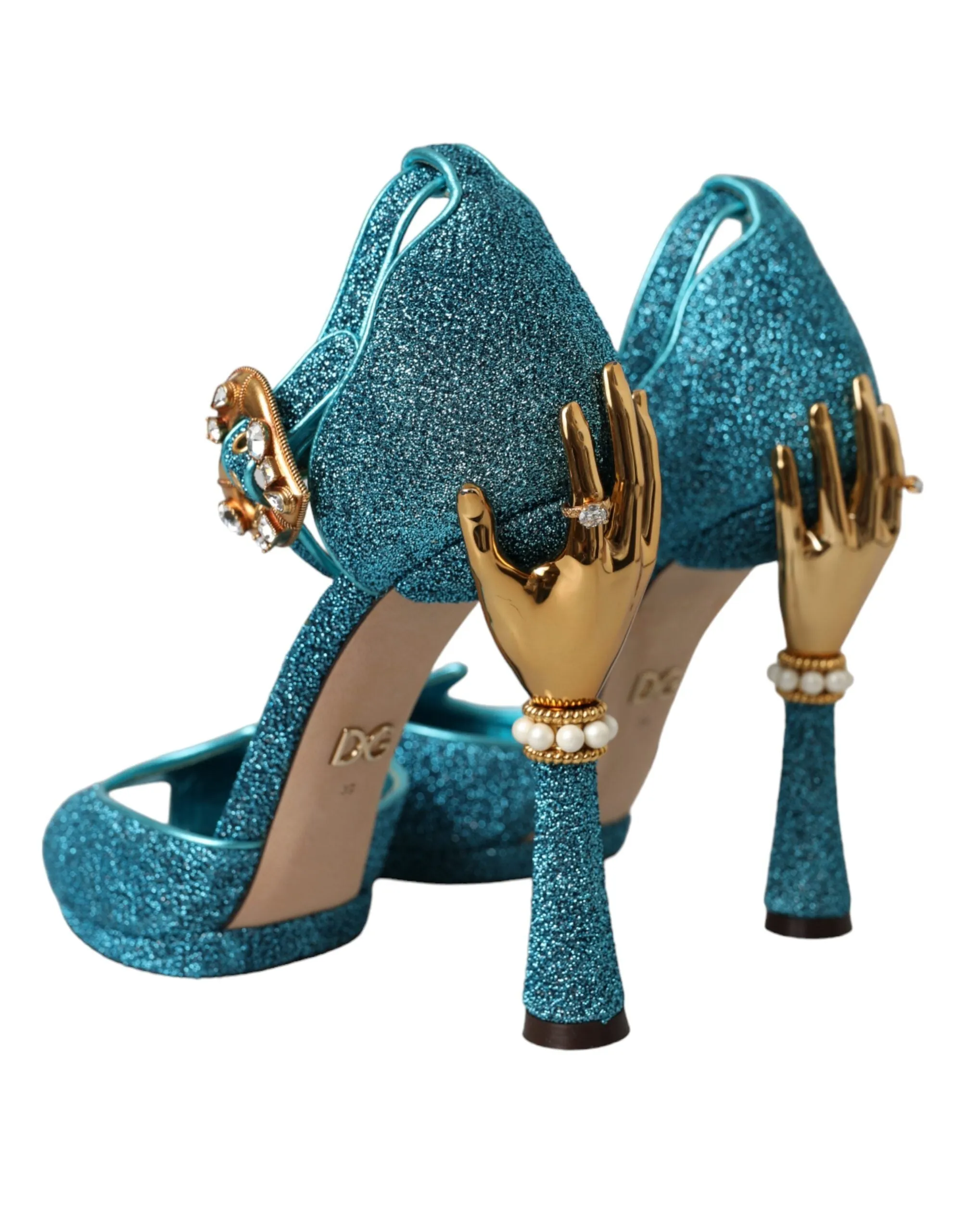 Blue Lurex Bejeweled Hand Heels Sandals Shoes sold by Louxly product image thumbnail 4