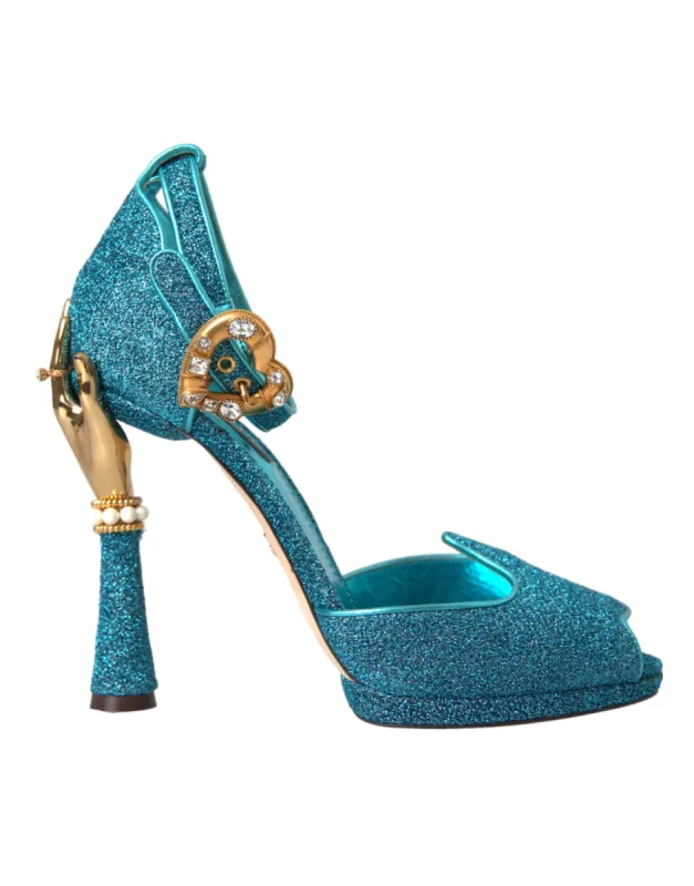 Blue Lurex Bejeweled Hand Heels Sandals Shoes sold by Louxly
