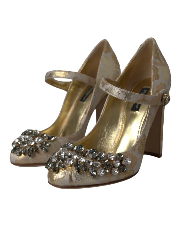 Gold Jacquard Crystal Mary Janes Pumps Shoes sold by Louxly