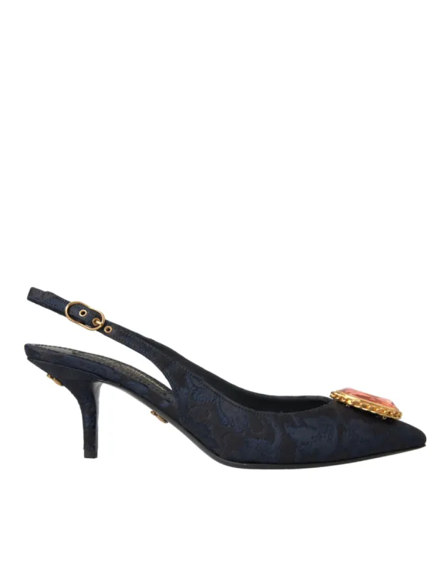 Blue Jacquard Crystal Slingback Heel Shoes sold by Louxly