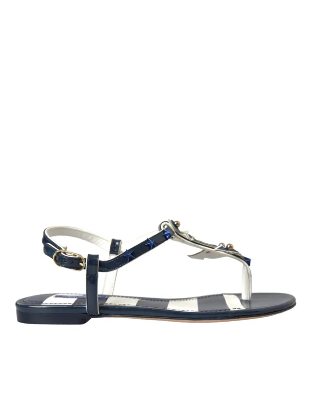 Blue Stripes Leather Studded Flats Sandals Shoes sold by Louxly