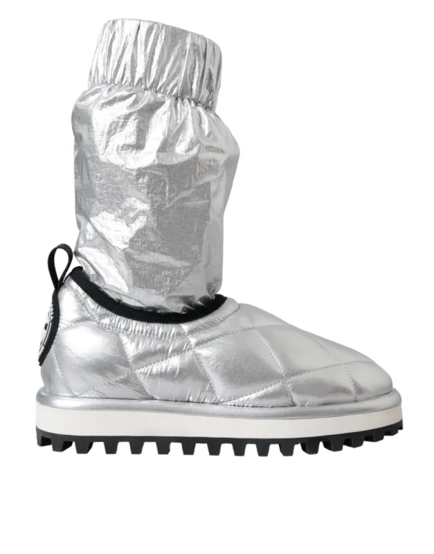 Metallic Silver Quilted Logo Patch Boot Shoes sold by Louxly