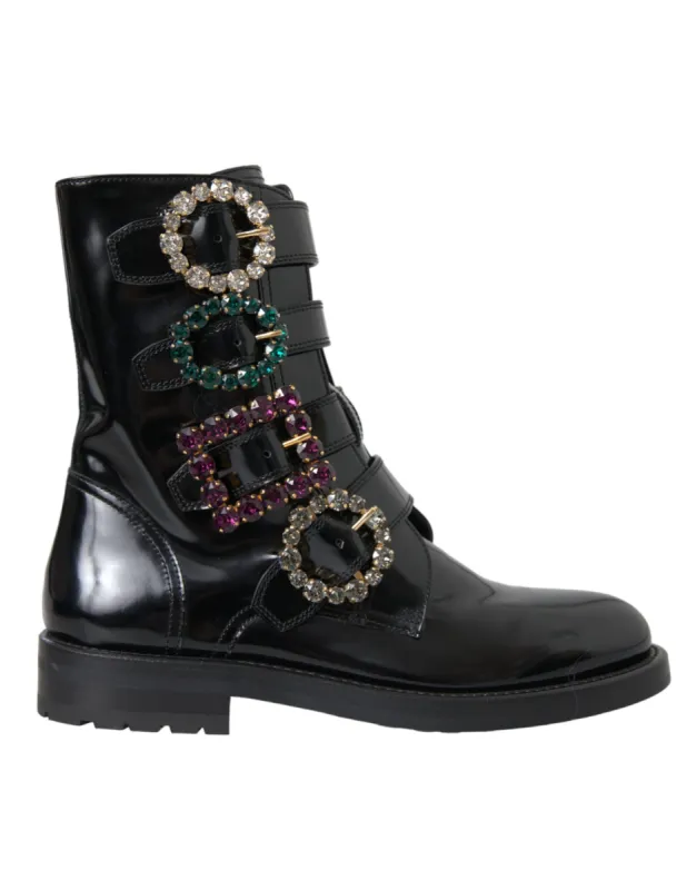 Black Leather Crystal Buckles Boots Shoes sold by Louxly