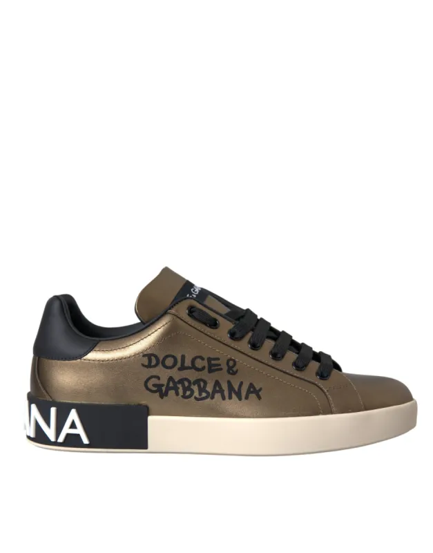 Gold Black Portofino Calf Leather Sneakers Shoes sold by Louxly