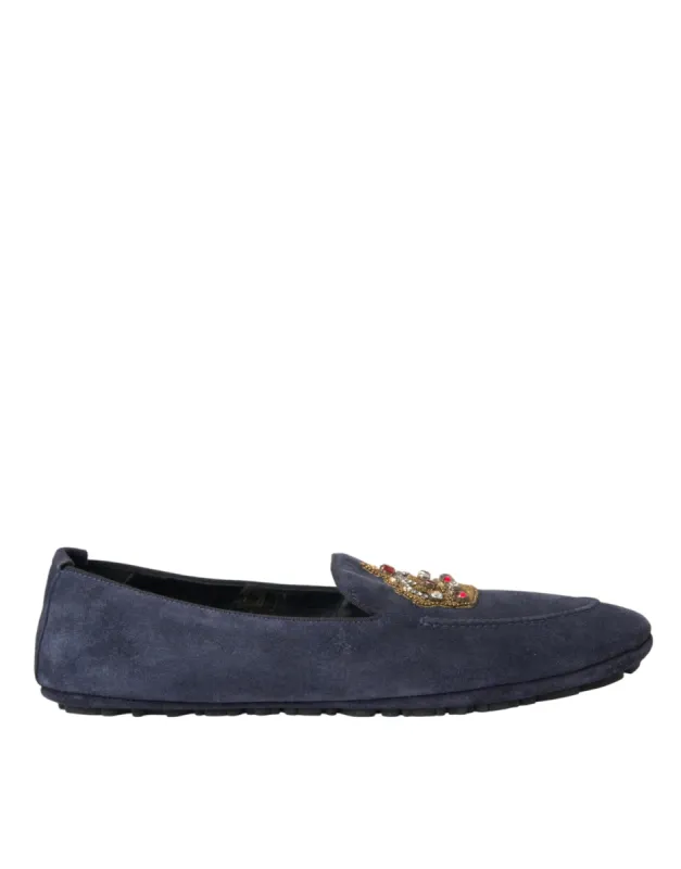 Blue Leather Suede Crystal Crown Loafers Shoes sold by Louxly