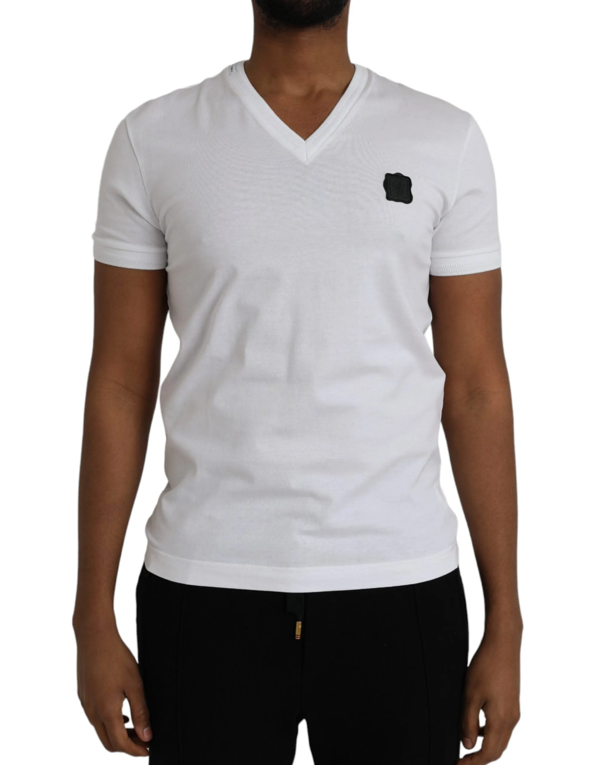 White Cotton Logo Plaque V-neck Men T-shirt sold by Louxly