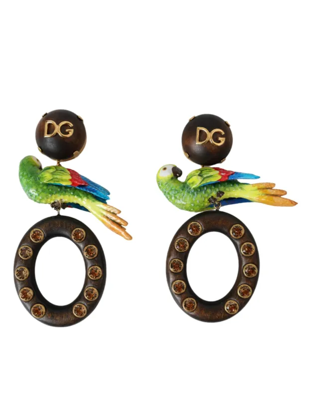 Multicolor Parrot Wood Brass Crystal Embellished Earrings sold by Louxly