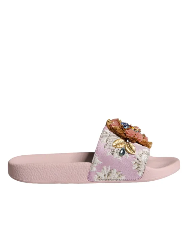 Pink Brocade Crystal Sandals Slides Beachwear Shoes sold by Louxly