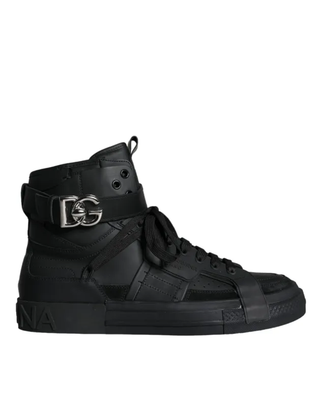 Black Leather High Top Logo Sneakers Shoes sold by Louxly