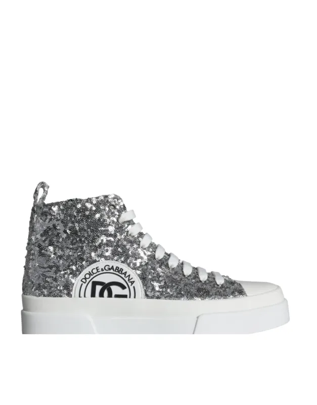 Silver White Sequined High Top Sneakers Shoes sold by Louxly