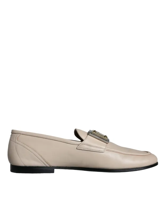 Beige Leather Logo Plaque Slip On Men Loafers Shoes sold by Louxly