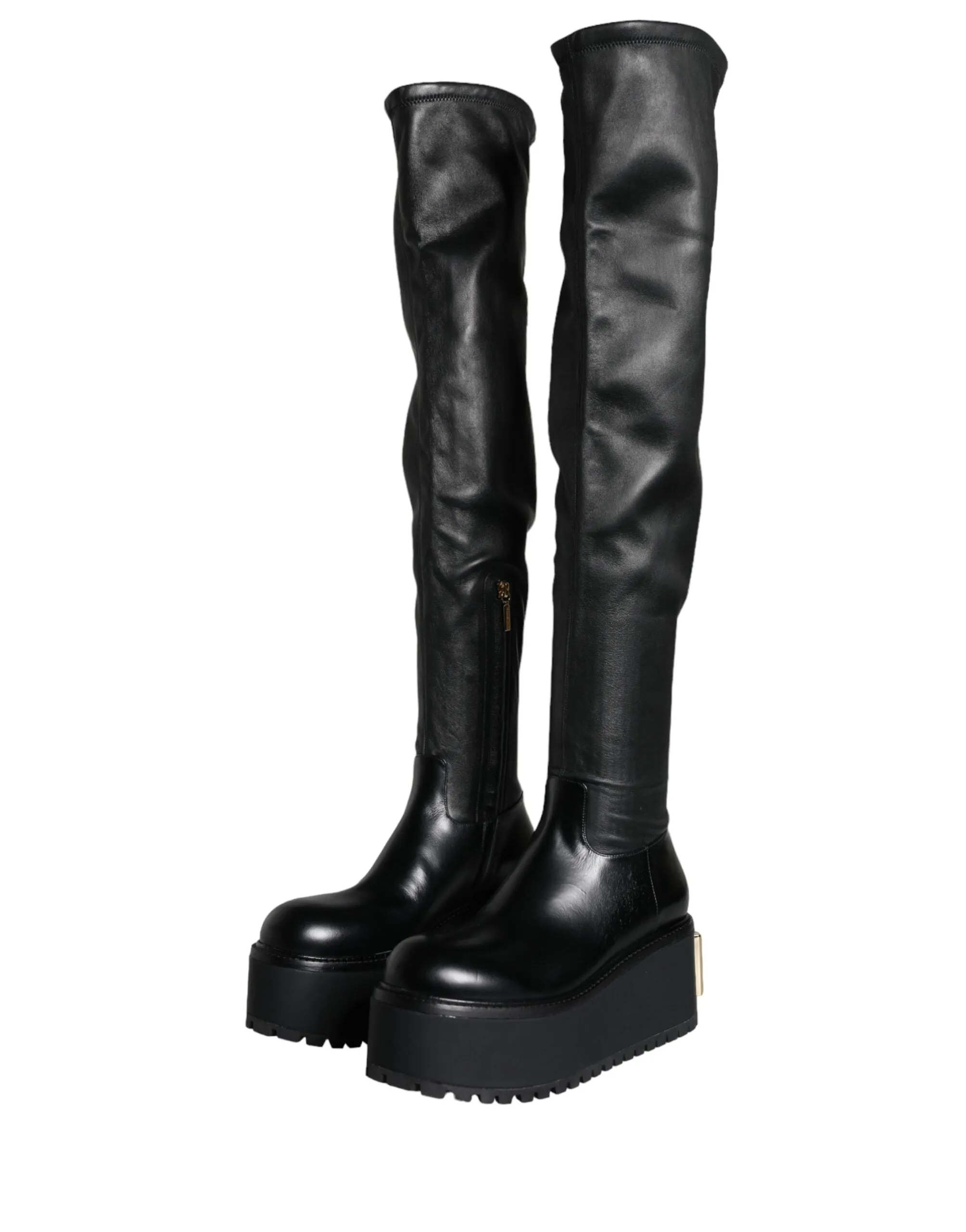 Black Leather Logo Knee High Boots Shoes sold by Louxly product image thumbnail 3