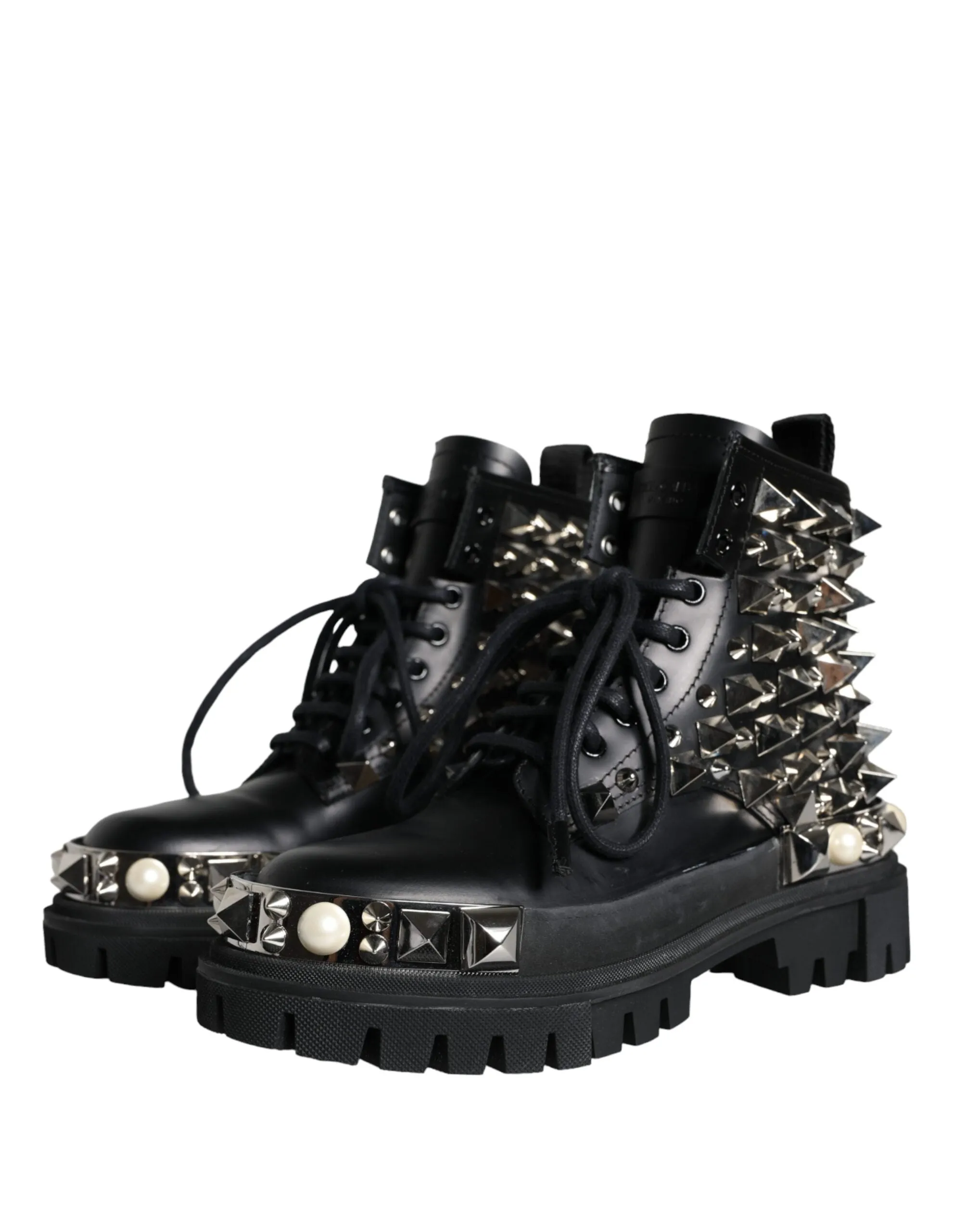 Black Leather Studs Embellished Combat Boots Shoes sold by Louxly product image thumbnail 3