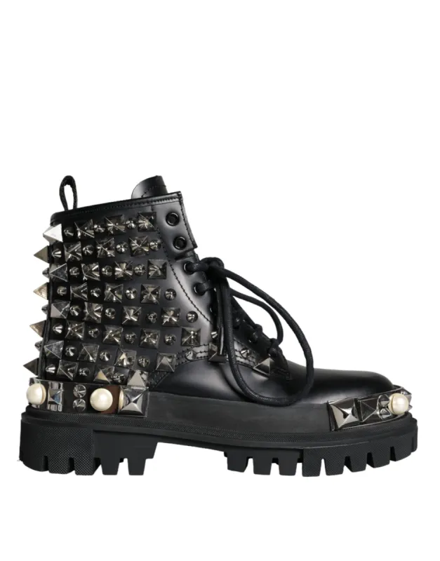 Black Leather Studs Embellished Combat Boots Shoes sold by Louxly