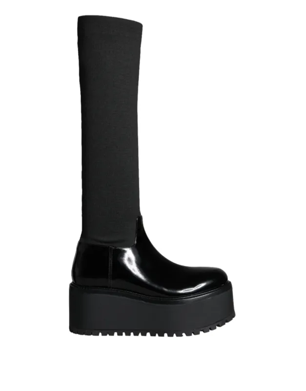 Black Leather Jersey Knee High Boots Shoes sold by Louxly