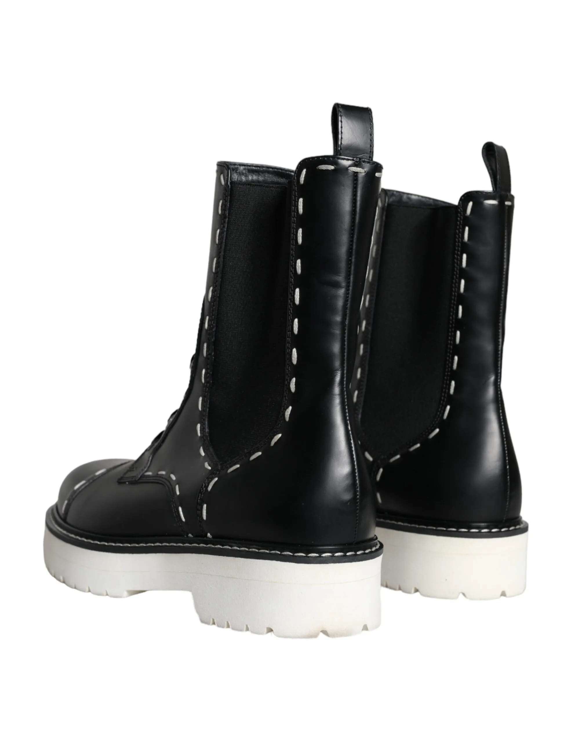 Black Leather Combat Mid Calf Boots Shoes sold by Louxly product image thumbnail 4