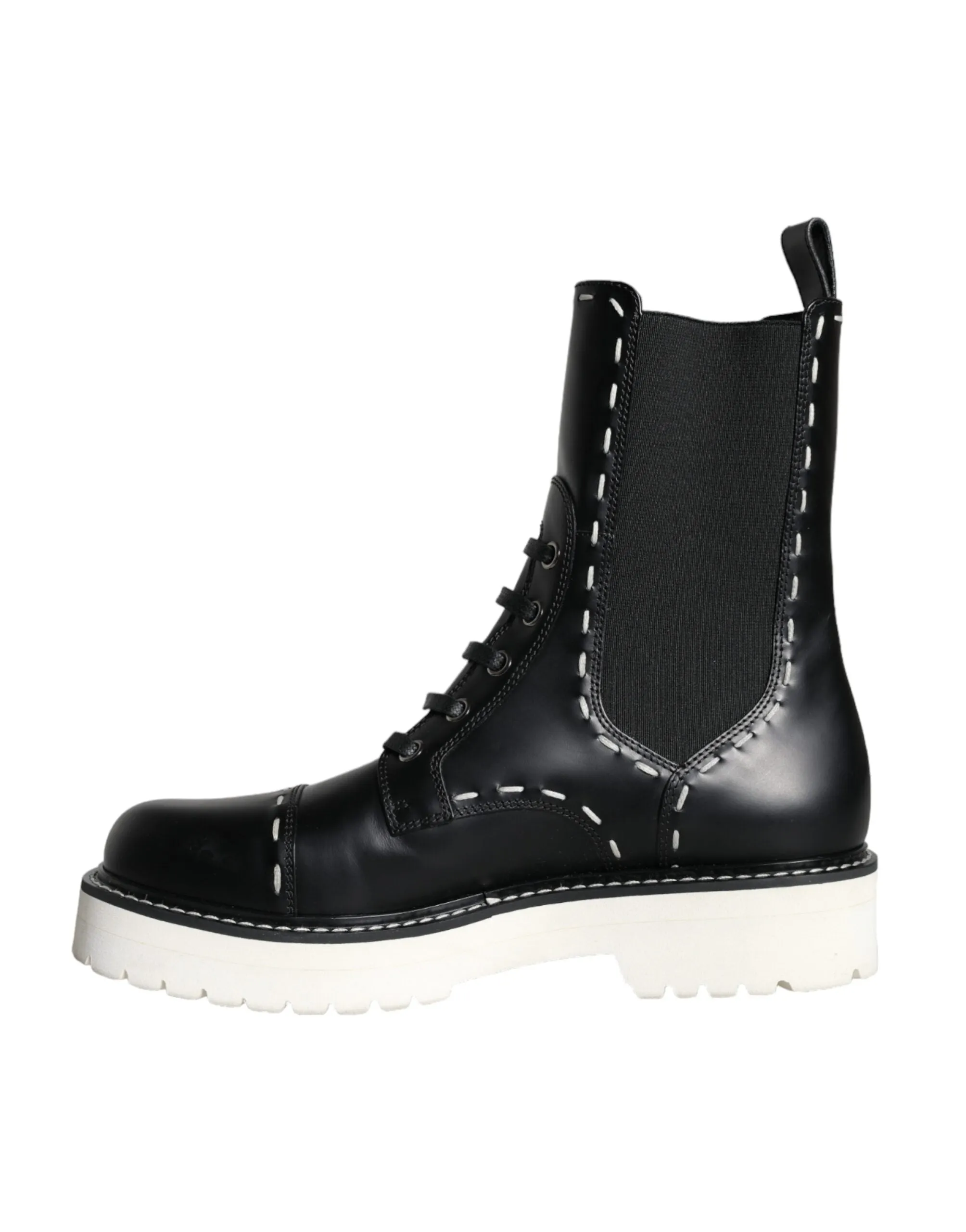 Black Leather Combat Mid Calf Boots Shoes sold by Louxly product image thumbnail 5