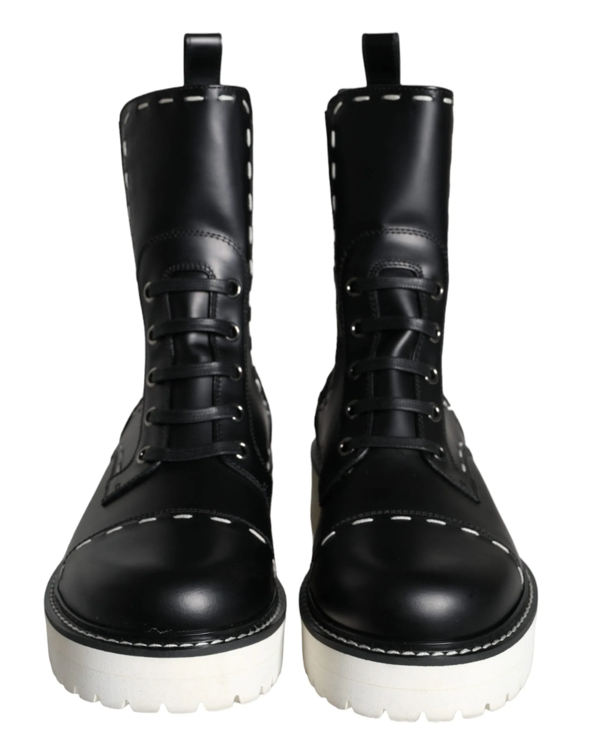 Black Leather Combat Mid Calf Boots Shoes sold by Louxly product image thumbnail 2