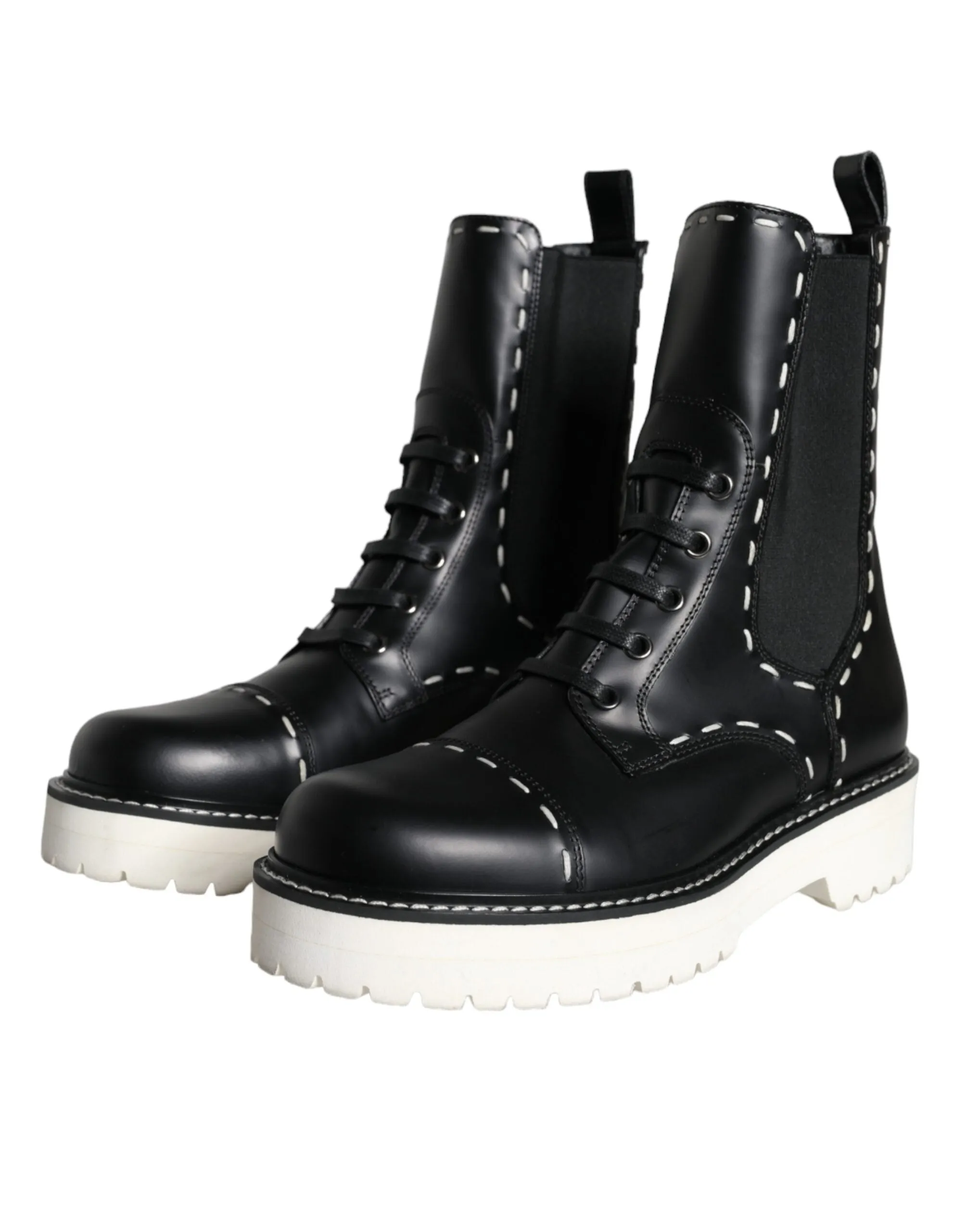 Black Leather Combat Mid Calf Boots Shoes sold by Louxly product image thumbnail 3