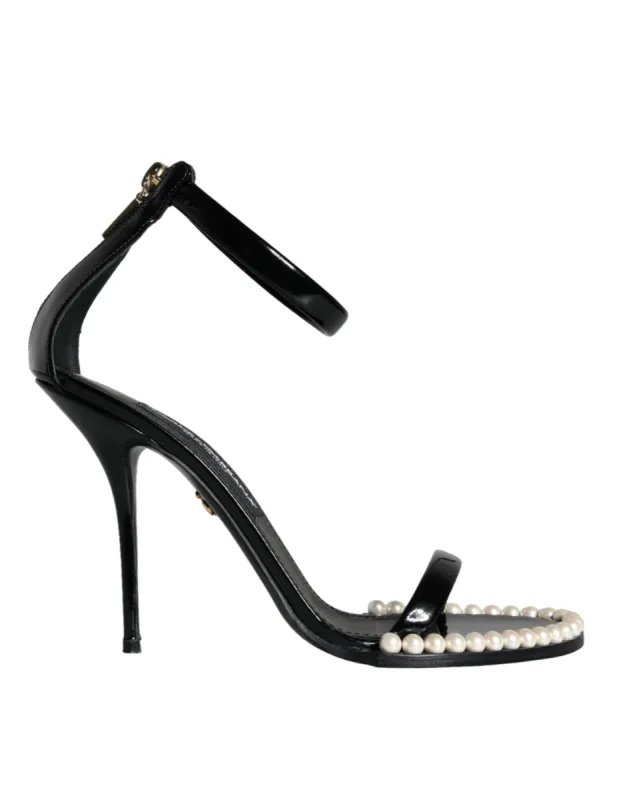 Black Keira Leather Faux Pearl Sandals Heels Shoes sold by Louxly