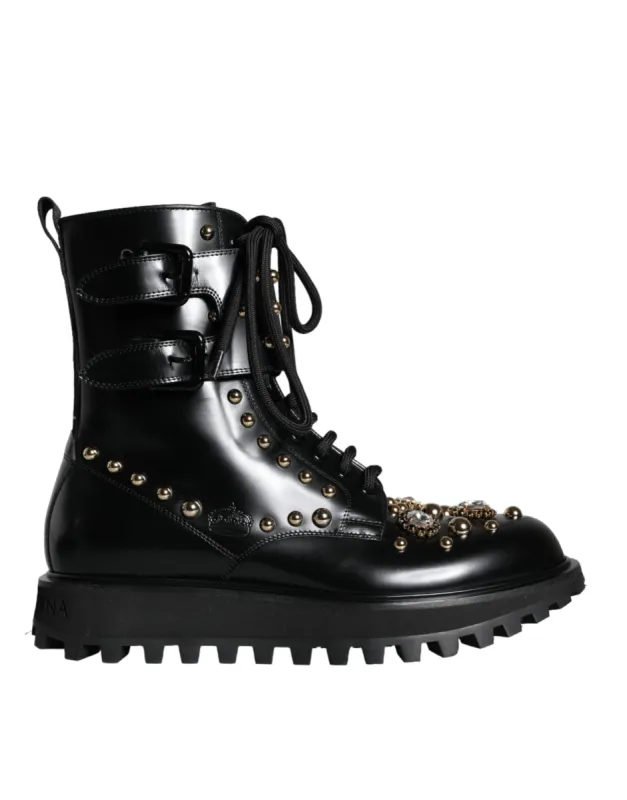 Black Leather Studs Embellished Combat Boots Shoes sold by Louxly