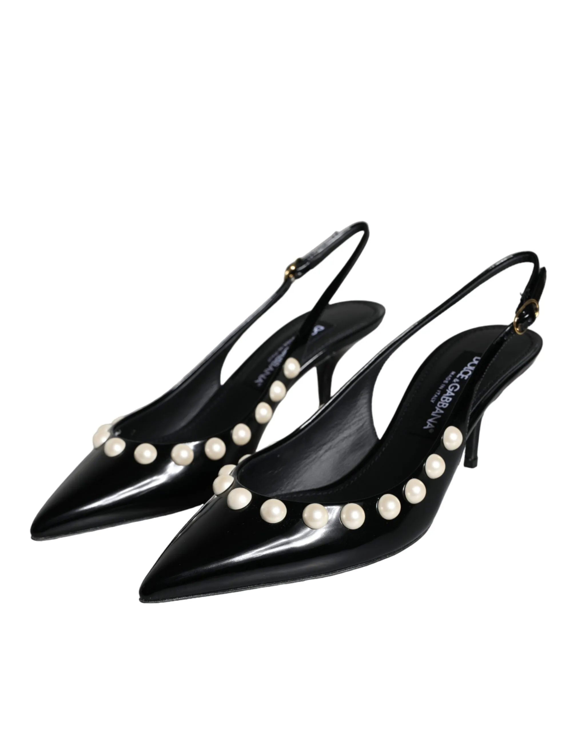 Black Leather Faux Pearl Heel Slingback Shoes sold by Louxly product image thumbnail 3