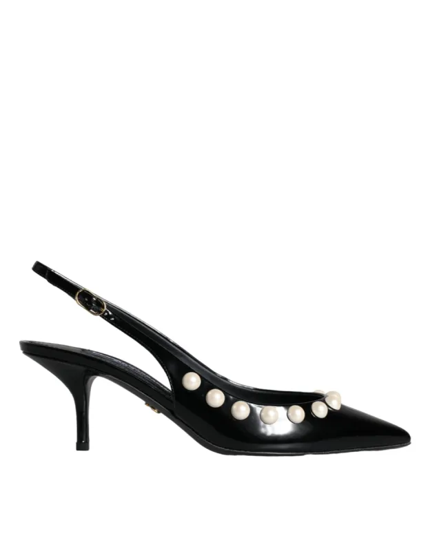 Black Leather Faux Pearl Heel Slingback Shoes sold by Louxly