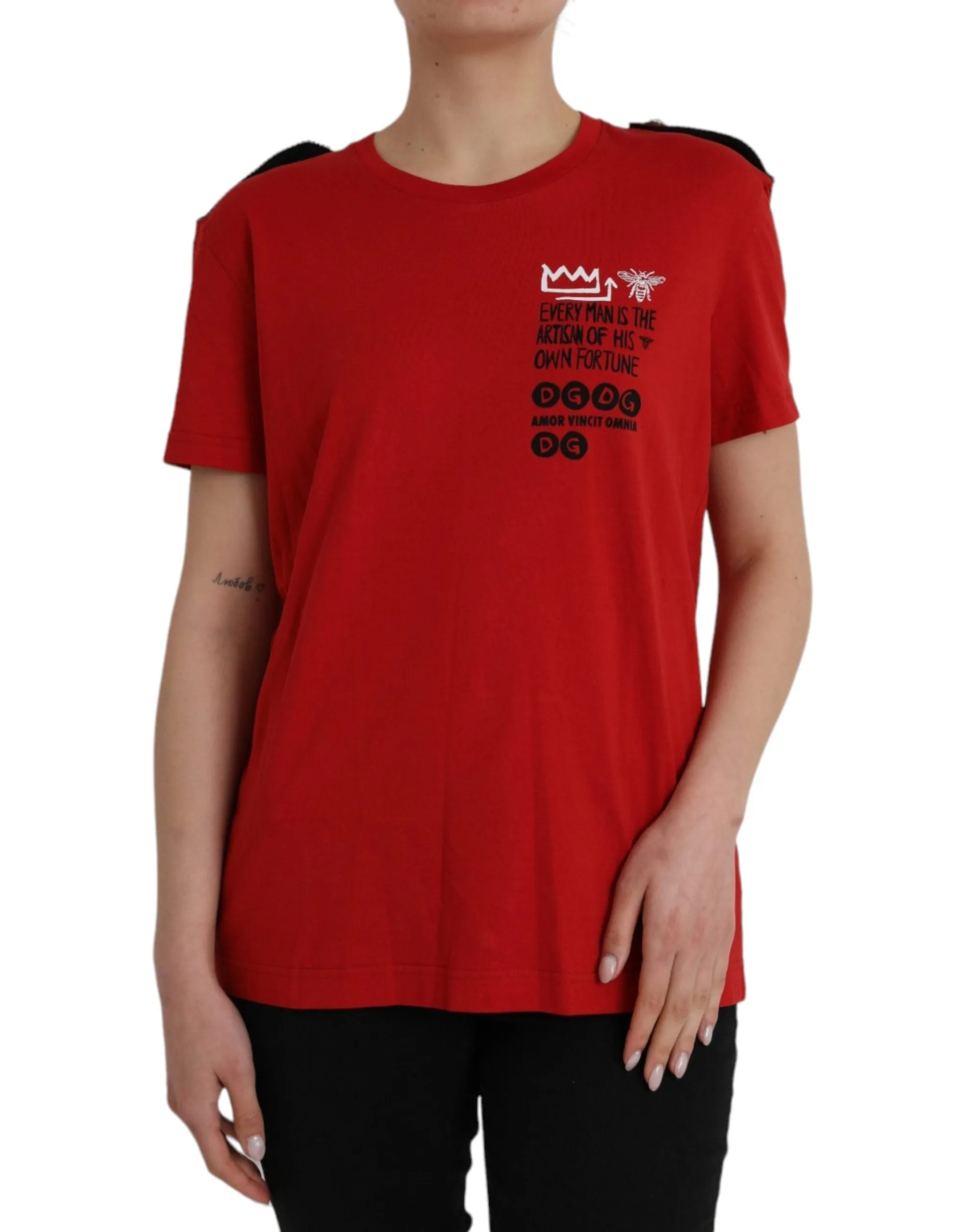 Red Cotton Graphic Print Crew Neck T-shirt sold by Louxly