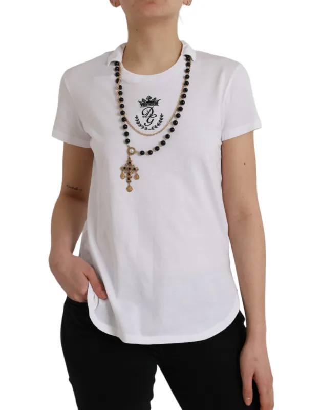 White Cotton Necklace Short Sleeves T-shirt sold by Louxly
