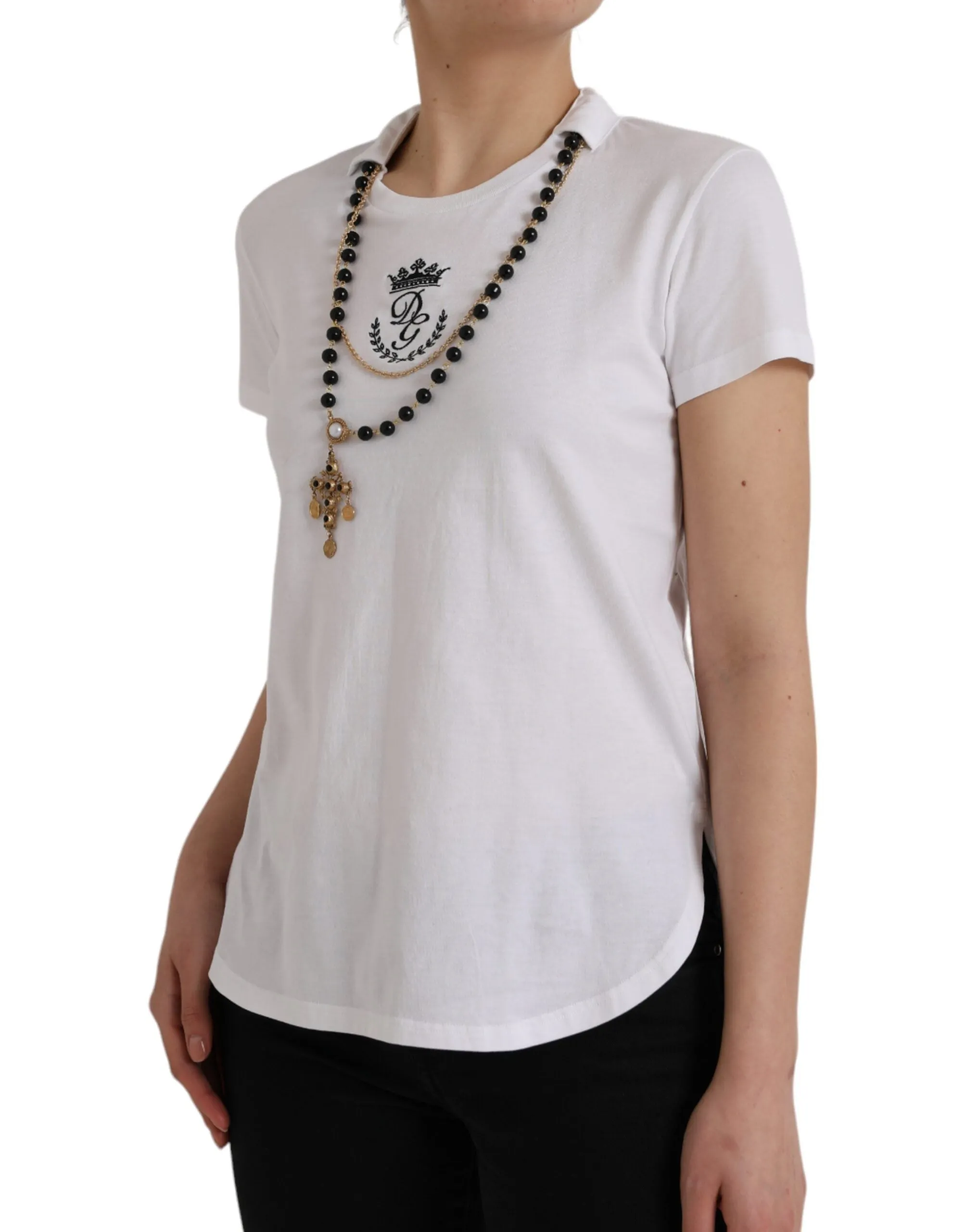 White Cotton Necklace Short Sleeves T-shirt sold by Louxly product image thumbnail 2