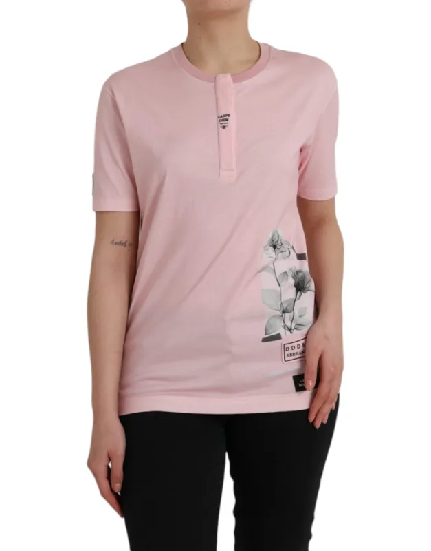 Pink Floral Print Cotton Short Sleeves T-shirt sold by Louxly