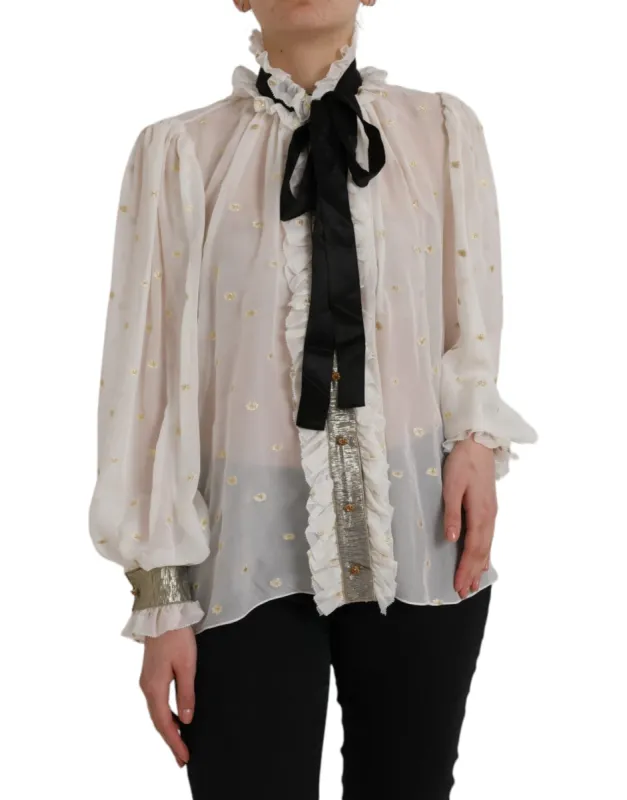 Off White Silk Blend Ascot Collar Blouse Top sold by Louxly