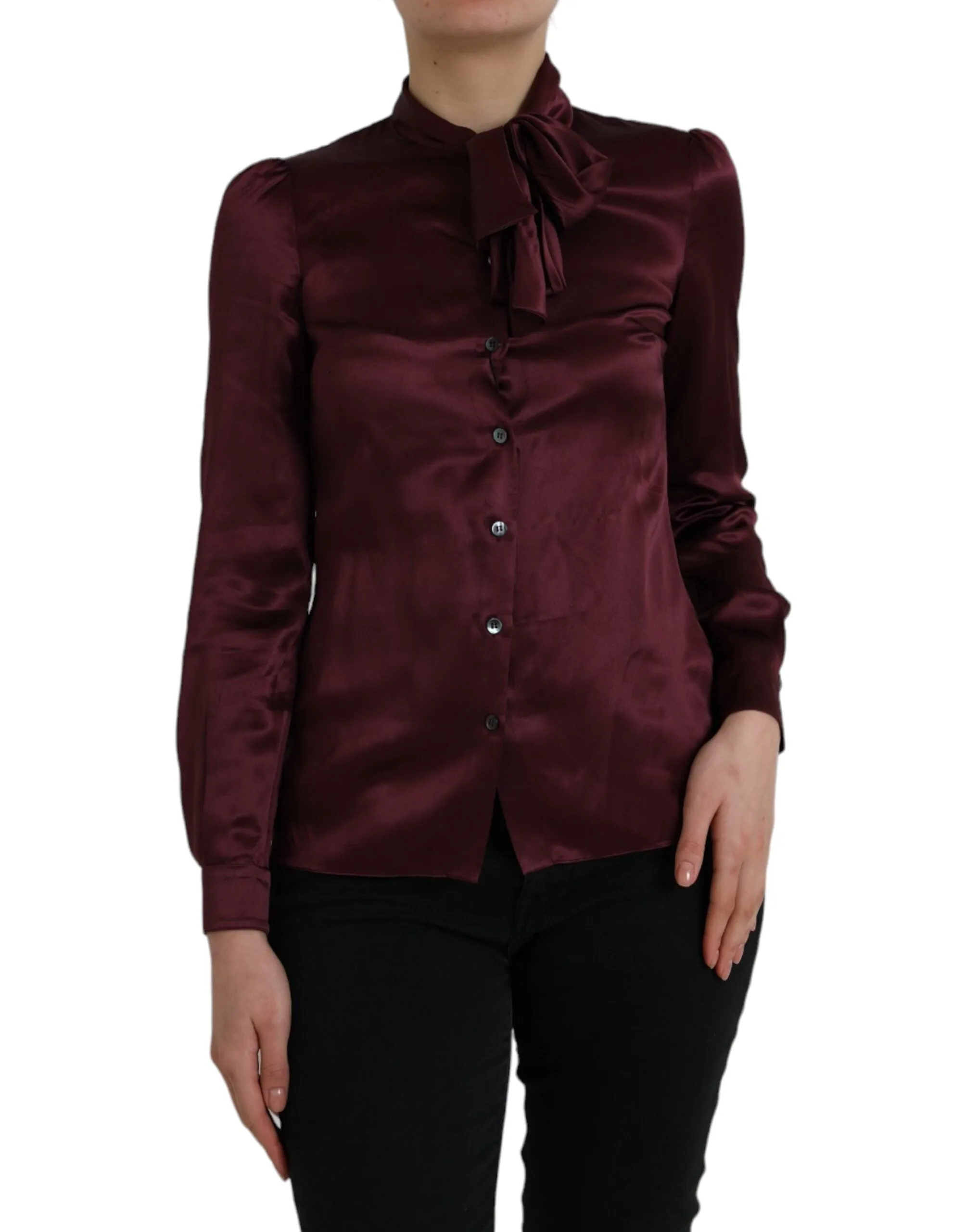 Maroon Ascot Collar Long Sleeve Top Blouse sold by Louxly