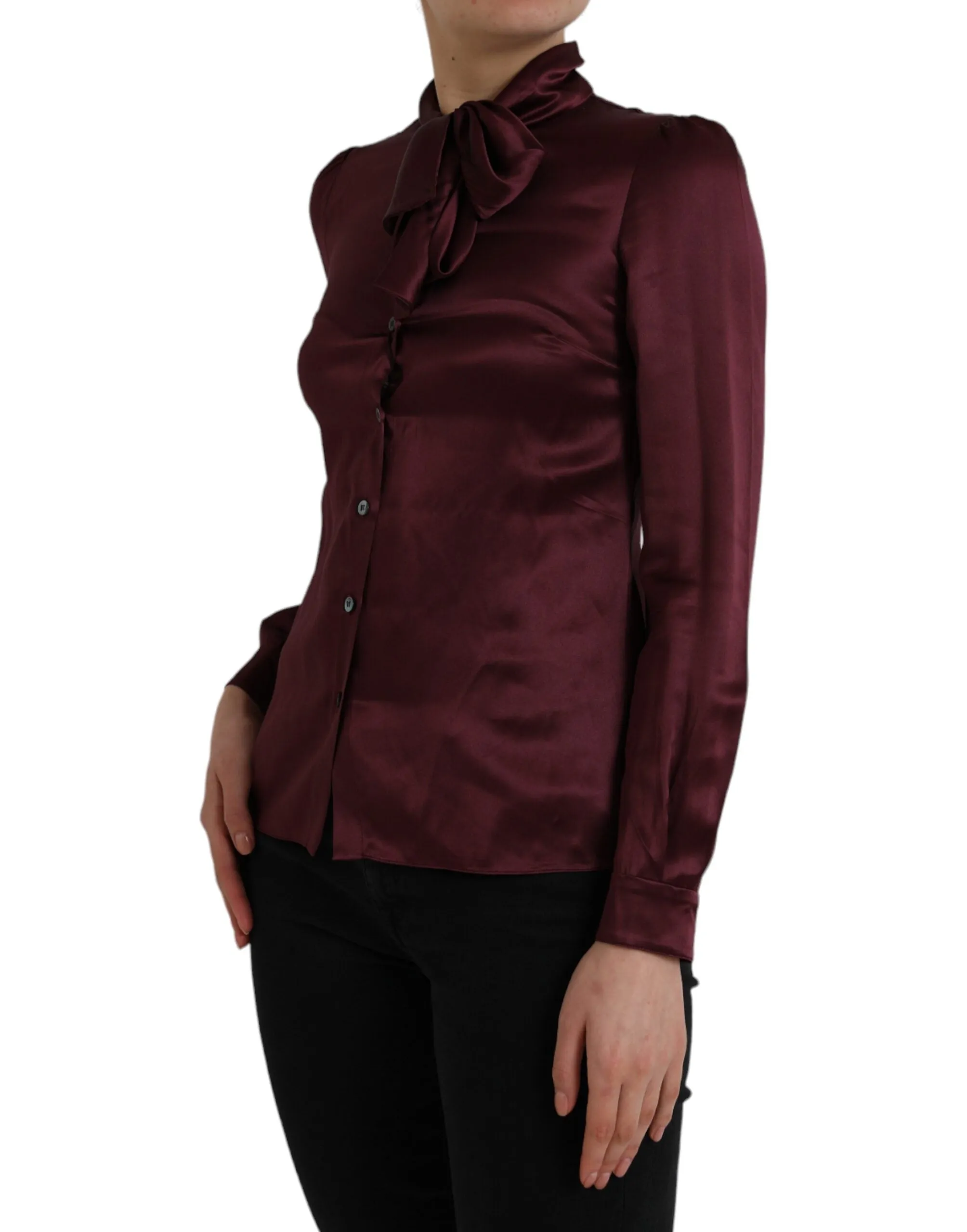 Maroon Ascot Collar Long Sleeve Top Blouse sold by Louxly product image thumbnail 2