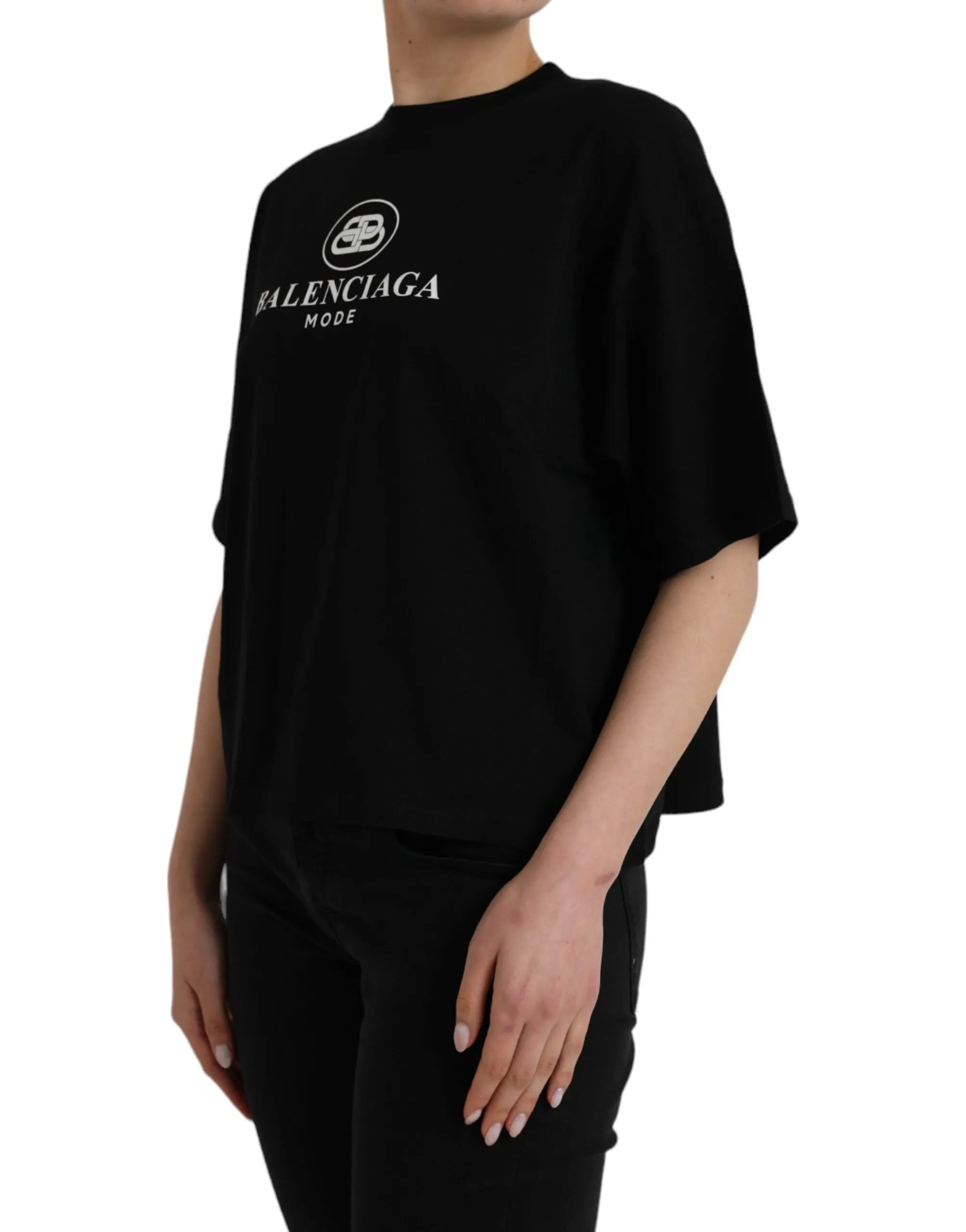 Black Cotton Logo Crew Neck Short Sleeves T-shirt sold by Louxly product image thumbnail 2