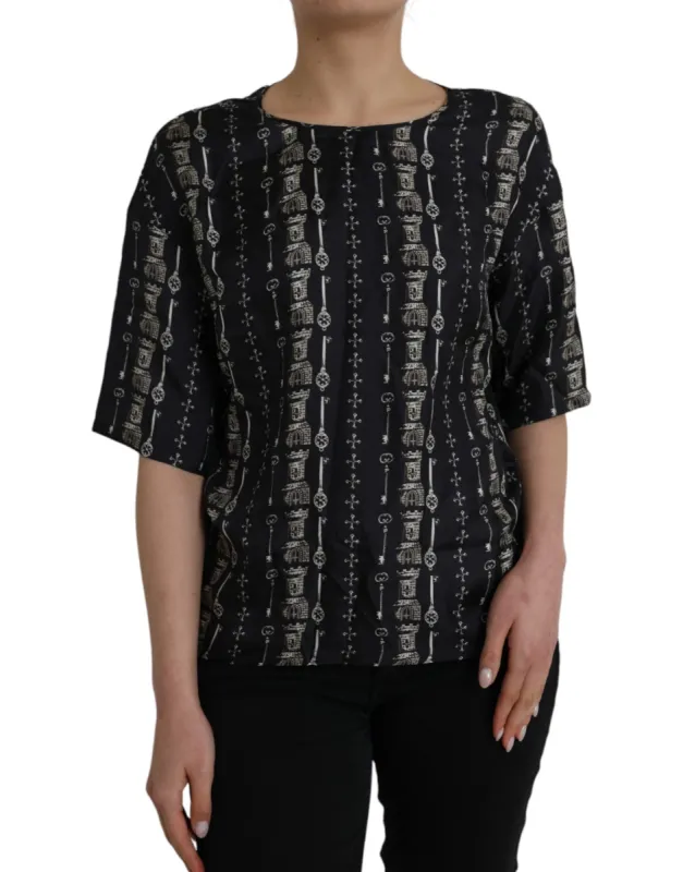 Black Key Castle Print Silk Blouse T-shirt sold by Louxly