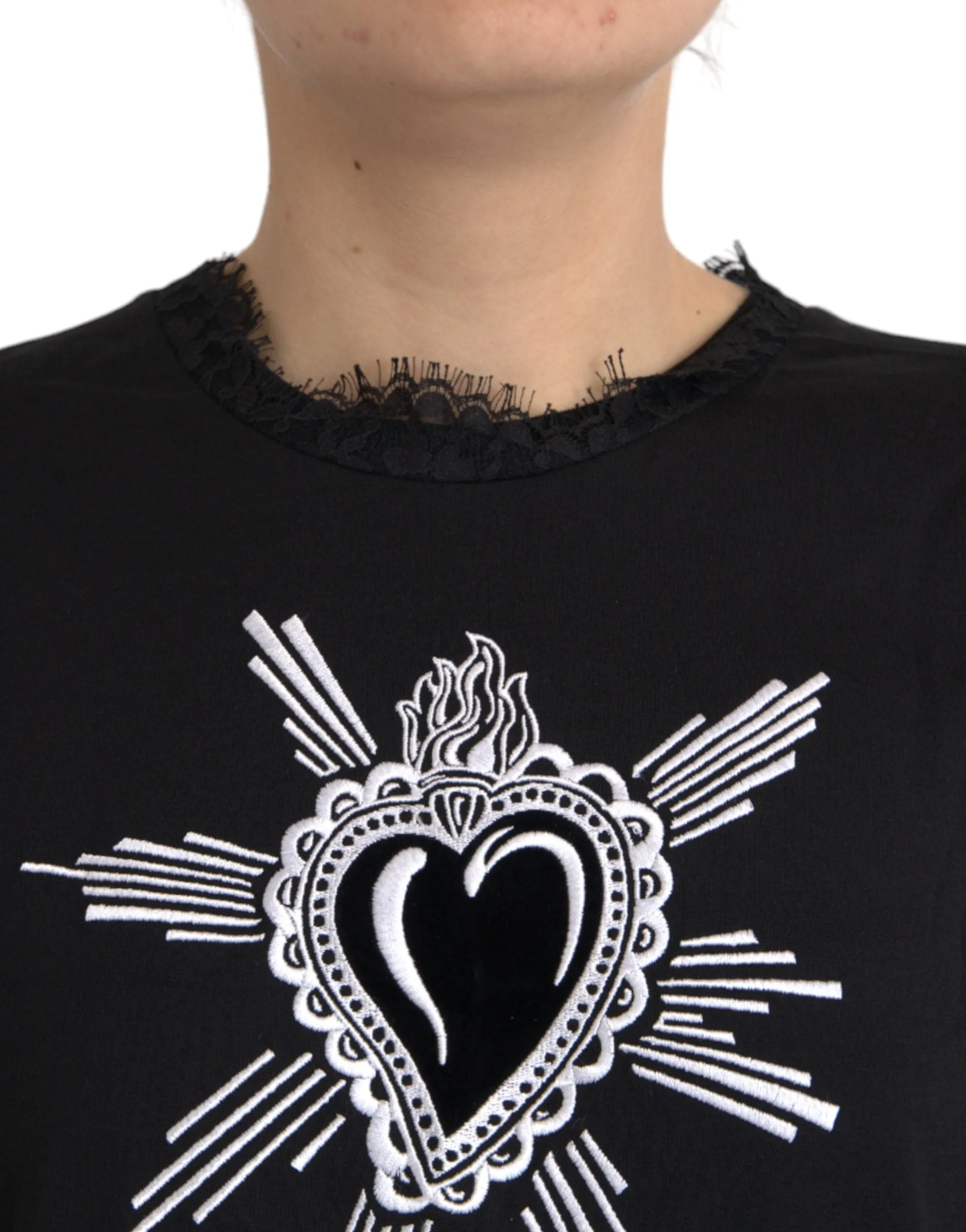 Black Sacred Heart Print Cotton Lace T-shirt sold by Louxly product image thumbnail 3